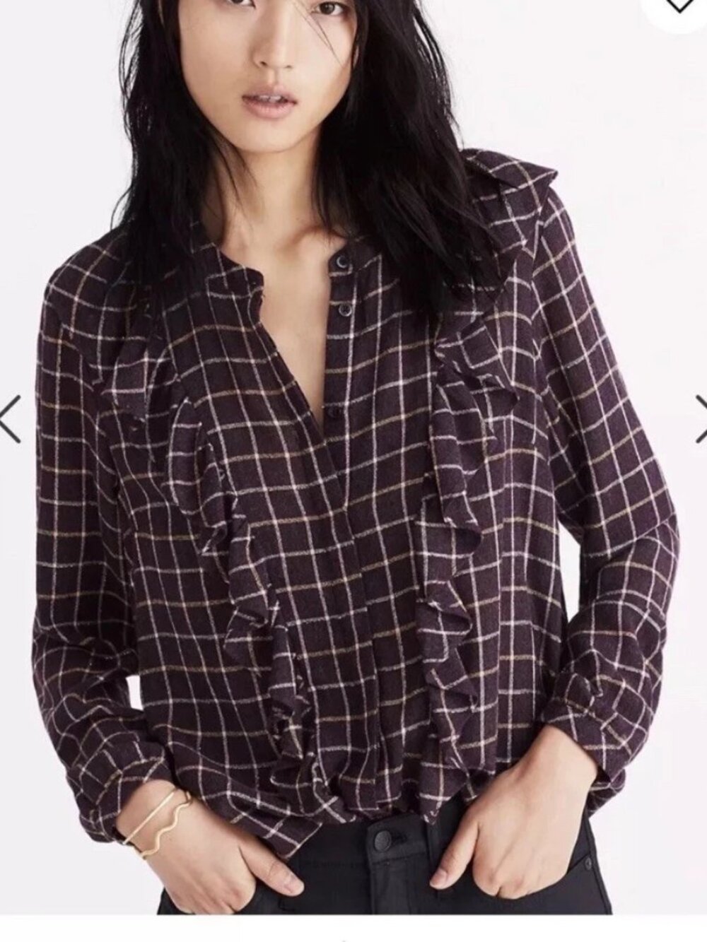Madewell Plaid Ruffle-Front Wool Blend Blouse Size M